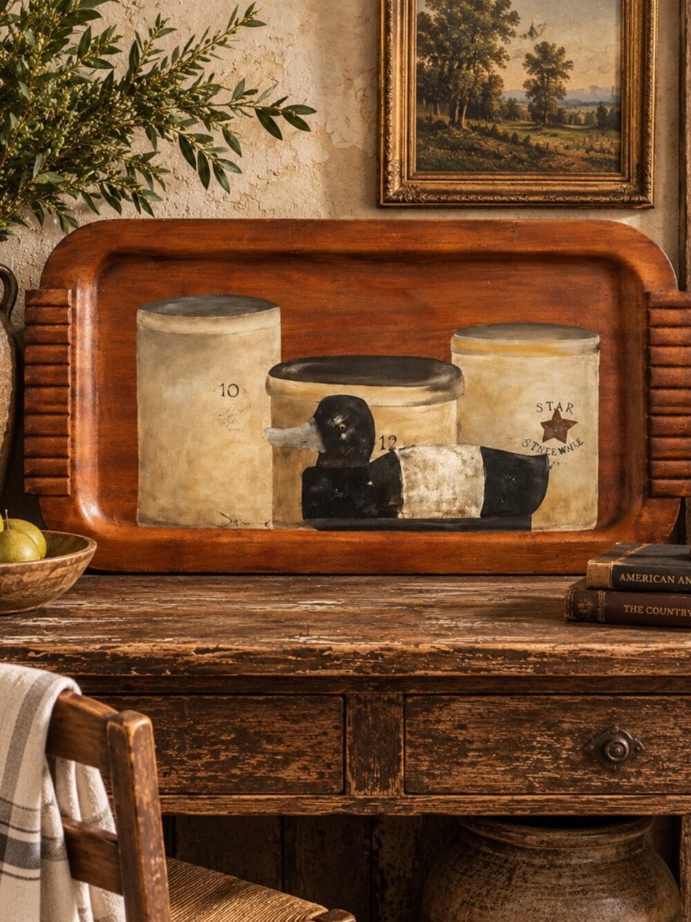 Vintage Haskelite Primitive Hand Painted Americana Folk Art Wooden Serving Tray
